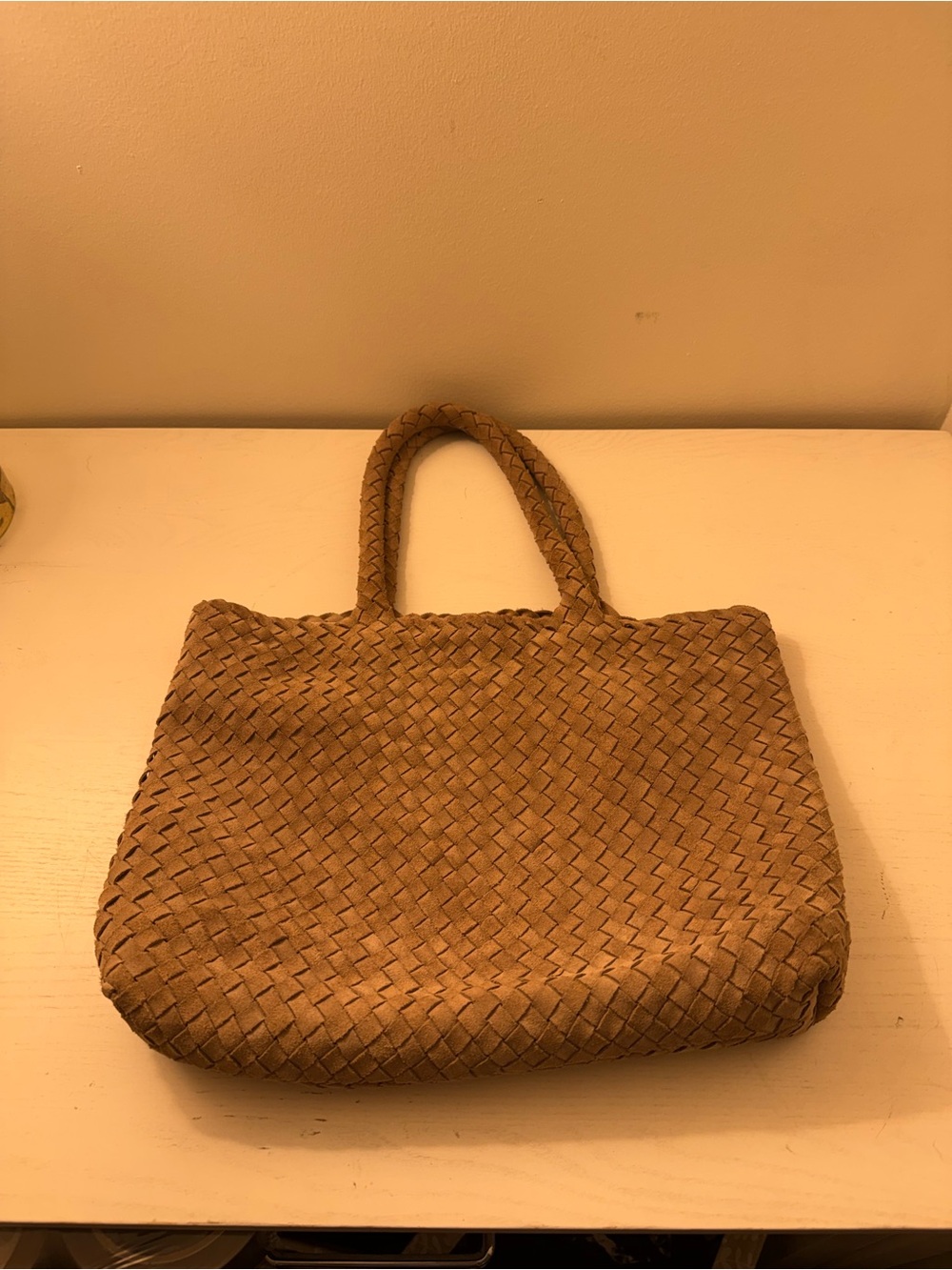 The Mini Elena Woven Handbag 14” Taupe Suede